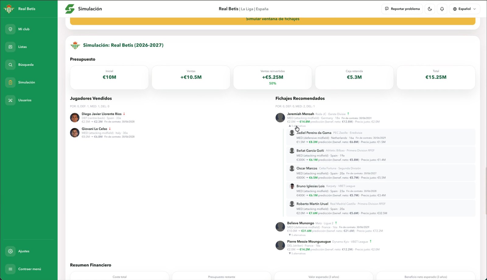 Resultados de la simulación: presupuesto, jugadores vendidos, fichajes y resumen financiero