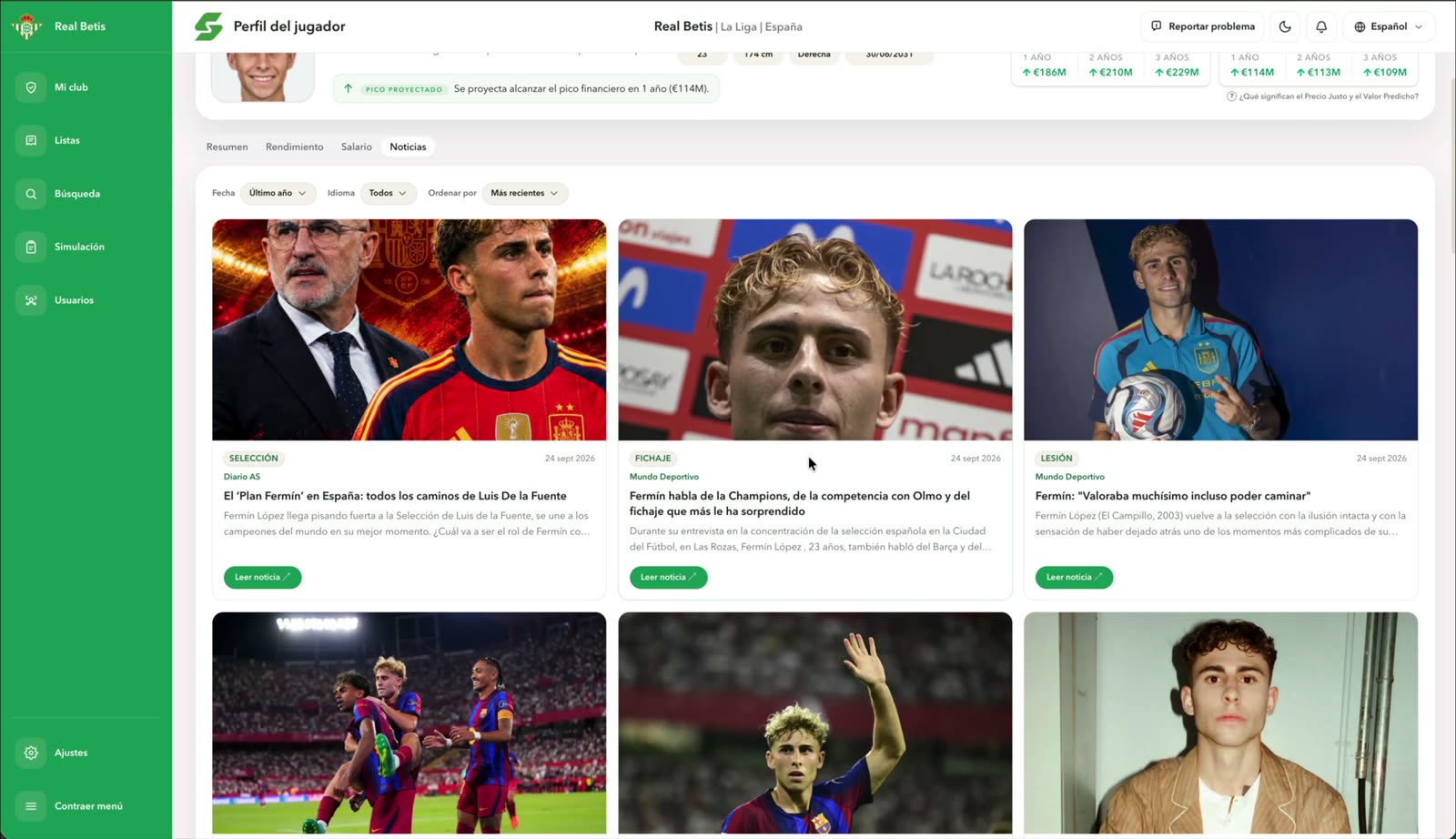 Feed de noticias del jugador